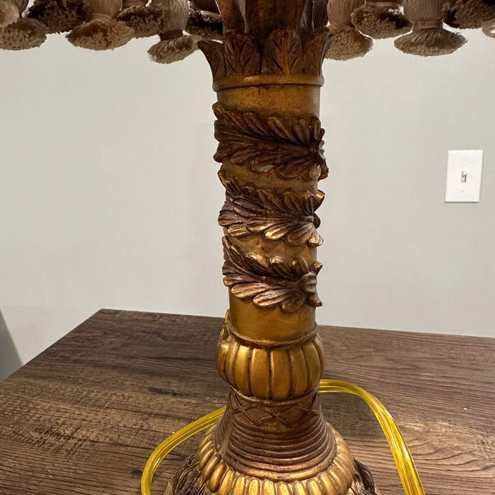 Vintage Shabby Chic Table Lamp, mixed fabric shade, tasseled, gold/brass base - Picture 3 of 6